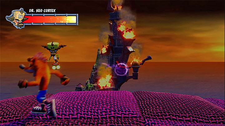Run and jump to the sides to avoid being hit by the purple energy ball - Dr. Neo Cortex (final boss) | Boss Fights in Crash Bandicoot - Crash Bandicoot - Crash Bandicoot N. Sane Trilogy Game Guide