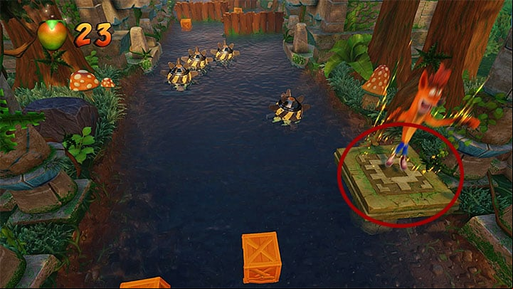 Jump over to the ledge z carnivorous plant (activate Spin attack in mid-air) and reach the neighboring stable platforms - Air Crash | Crash Bandicoot 2 | Levels - Crash Bandicoot 2 - Ice Warp Room - Crash Bandicoot N. Sane Trilogy Game Guide