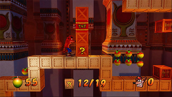 After you get past the first group of plates, you will reach the corner shown in screenshot 1, where there is a moving platform with the question mark, traveling to the bonus round - Tomb Time | Crash Bandicoot 3 | Levels - Crash Bandicoot 3 - Arabic location - Crash Bandicoot N. Sane Trilogy Game Guide