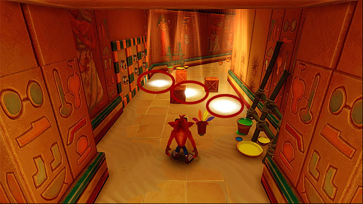 Do not hurry across the next part of the tomb, because there are hidden traps in the location shown in the above screenshot - Tomb Time | Crash Bandicoot 3 | Levels - Crash Bandicoot 3 - Arabic location - Crash Bandicoot N. Sane Trilogy Game Guide