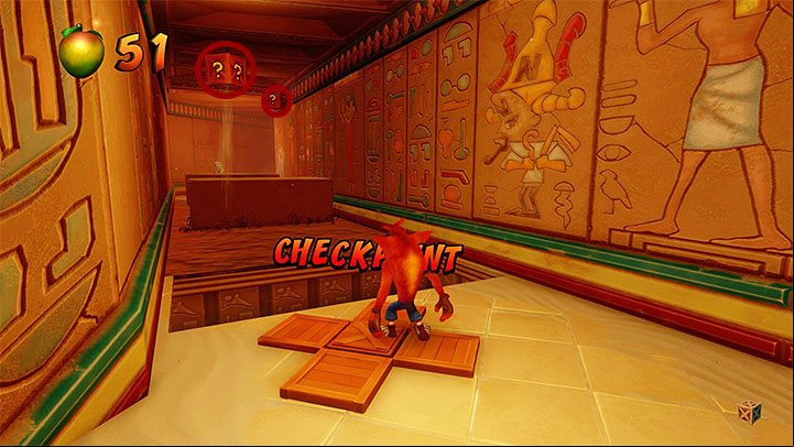 If, after reaching the fork,, you have followed the right path (the only one available while playing the this level for the first time), smash all of the crate and watch out where you have to jump over a pit, while sliding over the slippery surface - Tomb Time | Crash Bandicoot 3 | Levels - Crash Bandicoot 3 - Arabic location - Crash Bandicoot N. Sane Trilogy Game Guide