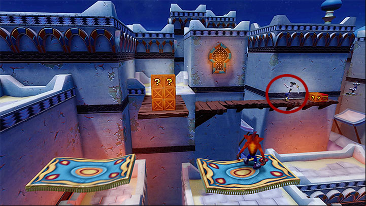In order to continue your journey through the main part of the map you must start climbing again, this time by bouncing off of trampolines and using flying carpets - High Time | Crash Bandicoot 3 | Levels - Crash Bandicoot 3 - Oriental location - Crash Bandicoot N. Sane Trilogy Game Guide