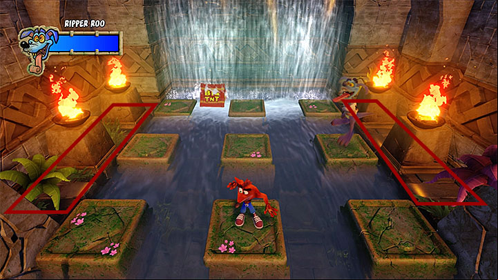This fight takes place on nine green platforms surrounded by water - this means you must perform very precise jumps, so that you dont jump into the water and die - Ripper Ruined | Crash Bandicoot Trophy Guide - Crash Bandicoot - Crash Bandicoot N. Sane Trilogy Game Guide