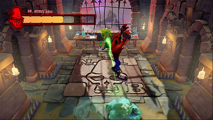 Jumping on the blob will send a green projectile towards the boss - Nitrus Broken | Crash Bandicoot Trophy Guide - Crash Bandicoot - Crash Bandicoot N. Sane Trilogy Game Guide