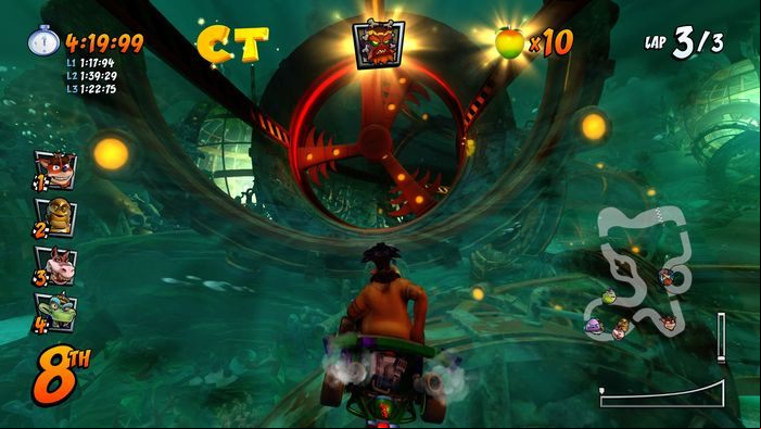 You will find the letter C on the drop, jump out at the right time and catch it in flight - CTR Mode - Crash Nitro Cart in Crash Team Racing Nitro-Fueled - Game modes - Crash Team Racing Nitro-Fueled Guide