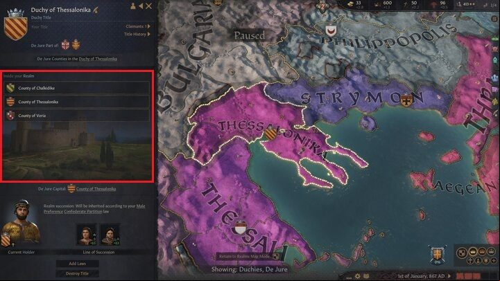 Information about de jure teritorry can be found in the middle of the preview window of the selected title - Crusader Kings 3: Titles - Kingdom management - Crusader Kings 3 Guide