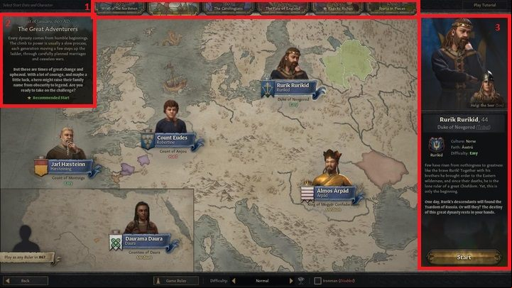 After entering the main character selection window, at the top of the screen you will notice six tabs (1) - Crusader Kings 3: Ruler selection - Basics - Crusader Kings 3 Guide