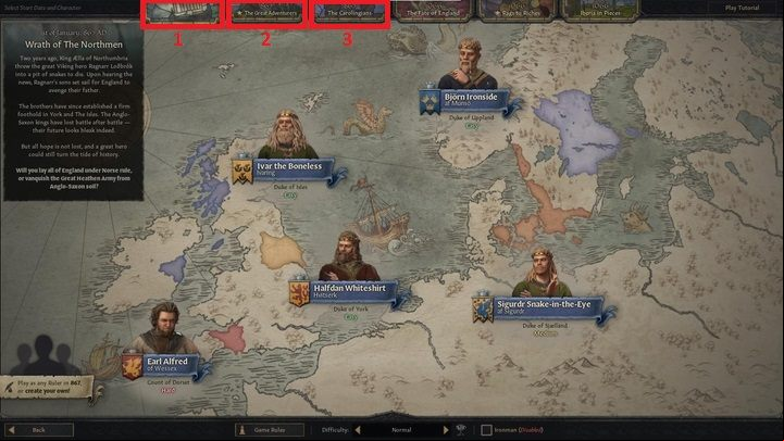 The first scenario from the left is the Wrath of The Northmen (1) - Crusader Kings 3: Ruler selection - Basics - Crusader Kings 3 Guide