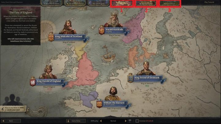 Moving on to the year 1066, you can finally decide the fate of the British Isles in The Fate of England (1) scenario - Crusader Kings 3: Ruler selection - Basics - Crusader Kings 3 Guide