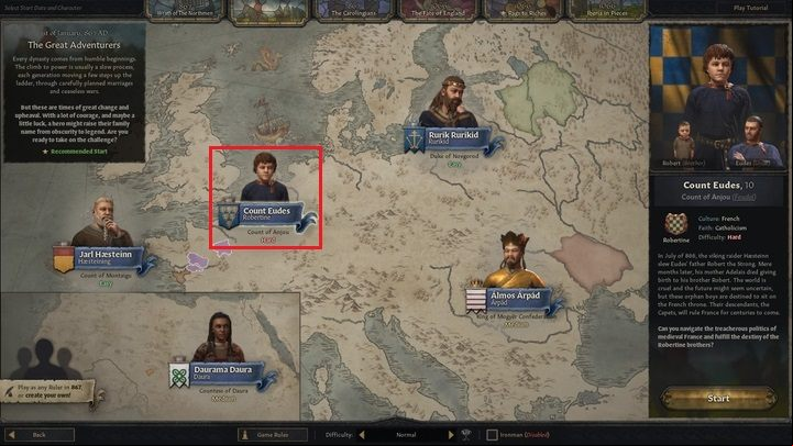 For example, if you choose to play as Count Eudes, you will start the game in central and you will be the subject of the then king - Crusader Kings 3: Ruler selection - Basics - Crusader Kings 3 Guide