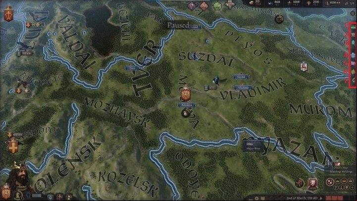 Below you will find seven icons related to: kingdom management (1), military matters (2), the council (3), the court (4), intrigues (5), factions (6) and decisions (7) - Crusader Kings 3: Interface Guide - Basics - Crusader Kings 3 Guide