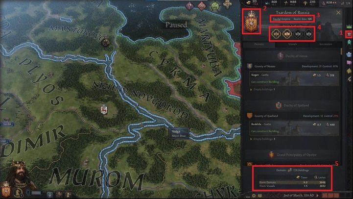 In the kingdom management window (1) you will be able to check your current main title (2), your government's type and the size of your country (3) - Crusader Kings 3: Interface Guide - Basics - Crusader Kings 3 Guide