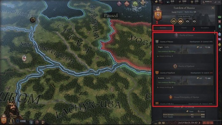 Below you will find three tabs, the first of which (1) concerns your domain - Crusader Kings 3: Interface Guide - Basics - Crusader Kings 3 Guide