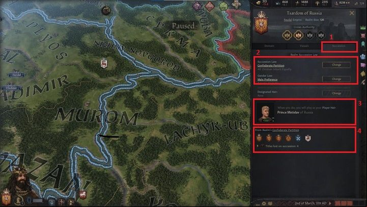 The last tab (1) concerns the inheritance law - Crusader Kings 3: Interface Guide - Basics - Crusader Kings 3 Guide