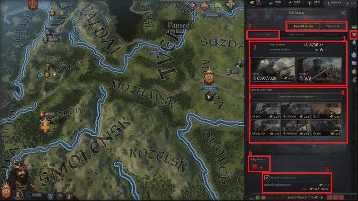 The next icon (1) concerns military matters - Crusader Kings 3: Interface Guide - Basics - Crusader Kings 3 Guide