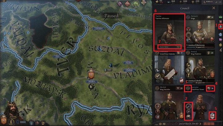 The third window (1) is used to manage the council - Crusader Kings 3: Interface Guide - Basics - Crusader Kings 3 Guide