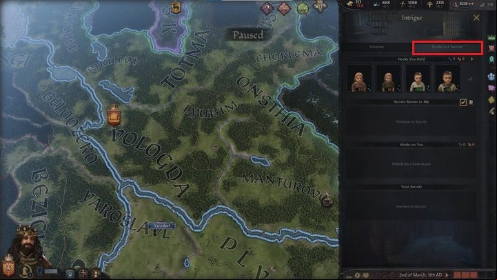In the second tab, you will find more information about the secrets and hooks that you have on different characters - Crusader Kings 3: Interface Guide - Basics - Crusader Kings 3 Guide