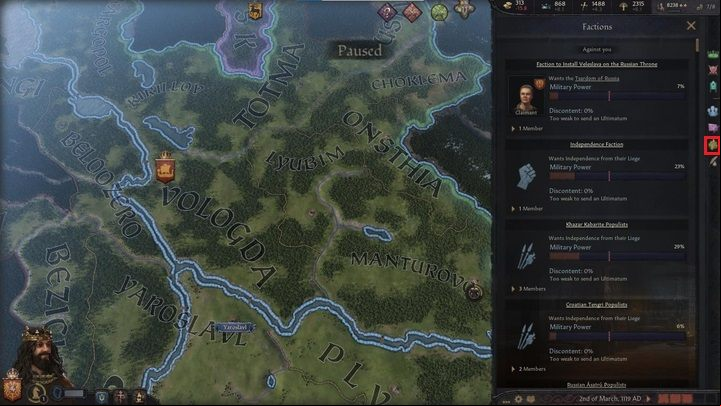 The second to last icon (1) opens the faction window - Crusader Kings 3: Interface Guide - Basics - Crusader Kings 3 Guide