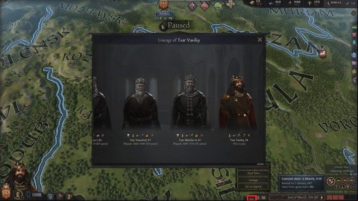 The last button gives you the option to search for a title or character, center your screen on your capital, and open a window containing a list of all the characters you played in this game - Crusader Kings 3: Interface Guide - Basics - Crusader Kings 3 Guide