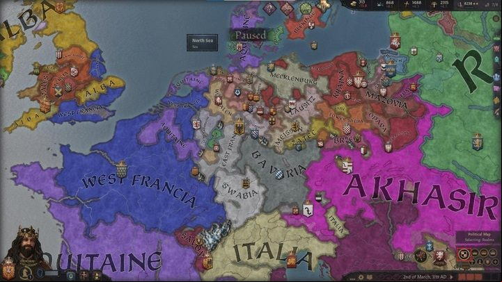 The largest icon activates the basic mode that shows the current political situation on the map - Crusader Kings 3: Map modes - Basics - Crusader Kings 3 Guide