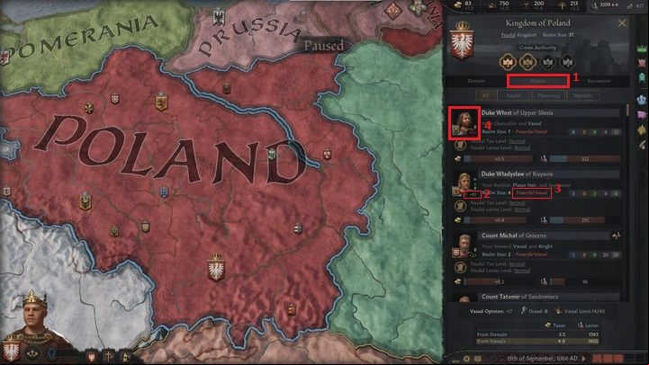 Now let's check the Vassals tab (1) to take a look at your direct vassals - Crusader Kings 3: First steps - Basics - Crusader Kings 3 Guide