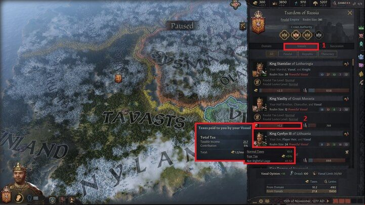 Using the Vassals tab (1), you can get equally detailed data on taxes imposed on your vassals - Crusader Kings 3: Gold and buildings - Kingdom management - Crusader Kings 3 Guide