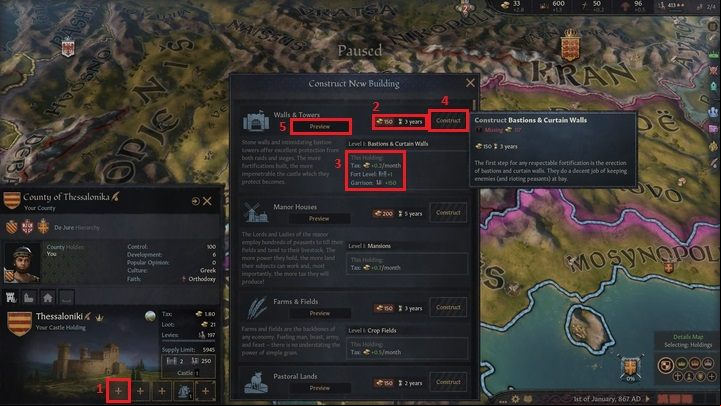 You can only place new buildings on free slots, meaning those marked with a plus icon (1) - Crusader Kings 3: Gold and buildings - Kingdom management - Crusader Kings 3 Guide