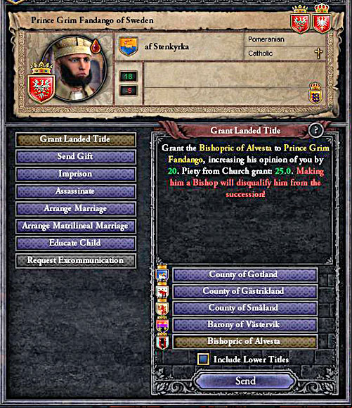 Confering a bishopric is the easiest way of eliminating someone from the succession. - Basics - House - Crusader Kings II - Game Guide and Walkthrough