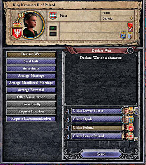 If you arent patience enough to slaughter dozen of the family, you may begin the war for the rights for your favorite one. - Succession - House - Crusader Kings II - Game Guide and Walkthrough