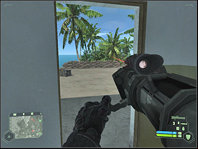 You should consider hiding near one of the sandbags - Crysis: Mission 2, Recovery - part 6, walkthrough - Mission 2 - Recovery - Crysis Game Guide