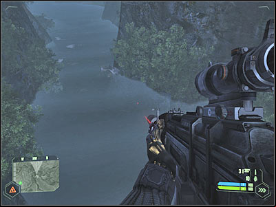 Hide somewhere near the trees and activate your cloaking device - Crysis: Mission 2, Relic - part 7, walkthrough - Mission 3 - Relic - Crysis Game Guide