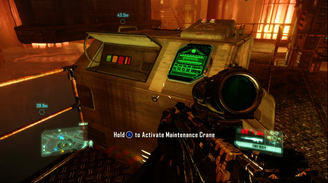 In order to reach your target to the left, you need to make use of the crane controls (next to Datapad 3/4), which will result in the formation of a new platform that you can jump onto - Disable the Nexus system - The Root of All Evil - Crysis 3 - Game Guide and Walkthrough