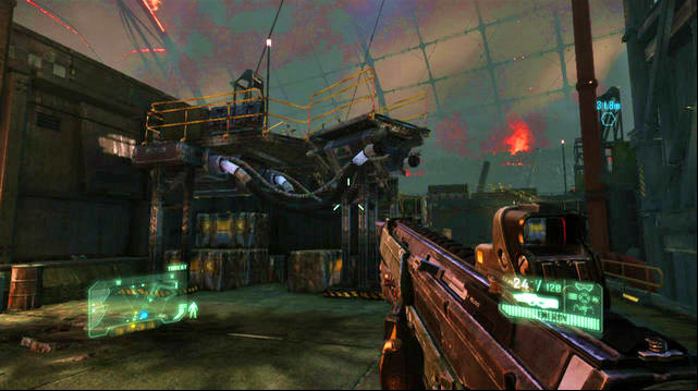 On the base's left side, climb the stairs to mount the platform shown in the above screenshot, to reach the control that you need to use to lower the bridge - Locate the command center entrance - Red Star Rising - Crysis 3 - Game Guide and Walkthrough