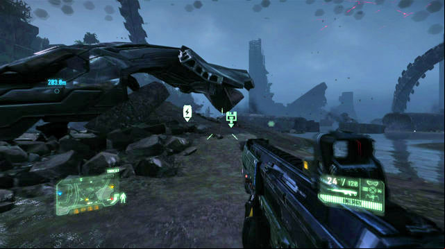 Reach the area marked with the yellow arrowhead in the first screenshot - Only Human - CELL intel data and posters - Crysis 3 - Game Guide and Walkthrough