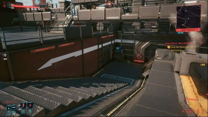Follow the street until you see the stairs leading to the door - as shown in the picture above - Cyberpunk 2077: How to get / adopt a cat? - Exploration - Cyberpunk 2077 Guide
