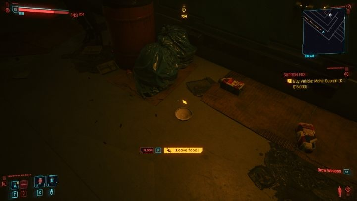 Now look at the floor and locate the bowl - Cyberpunk 2077: How to get / adopt a cat? - Exploration - Cyberpunk 2077 Guide