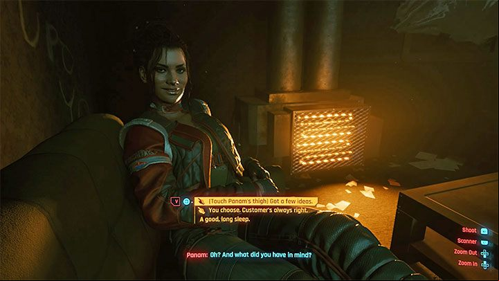 2) Choose any dialog option marked with a hand icon - You can try to put your hand on Panama's thigh (first dialog option - don't worry about its result because the affair won't be failed) or let her take over (second dialog option) - Cyberpunk 2077: Panam Palmer - romances/sex - Romances - Cyberpunk 2077 Guide