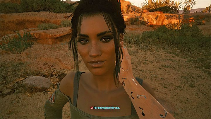 At the very end of the quest there is an opportunity to kiss Panam goodbye - Cyberpunk 2077: Panam Palmer - romances/sex - Romances - Cyberpunk 2077 Guide