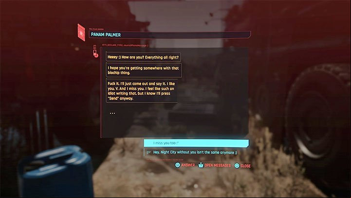 Once the Panam storyline is completed and the relationship is formed, she can V and send text messages - Cyberpunk 2077: Panam Palmer - romances/sex - Romances - Cyberpunk 2077 Guide