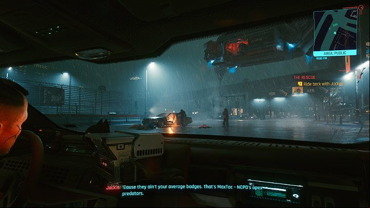 During the further ride you will still be stopped at a police blockade and witness the brutal intervention of the Max-Tac Tigers - Cyberpunk 2077: The Rescue walkthrough - Main missions - Cyberpunk 2077 Guide