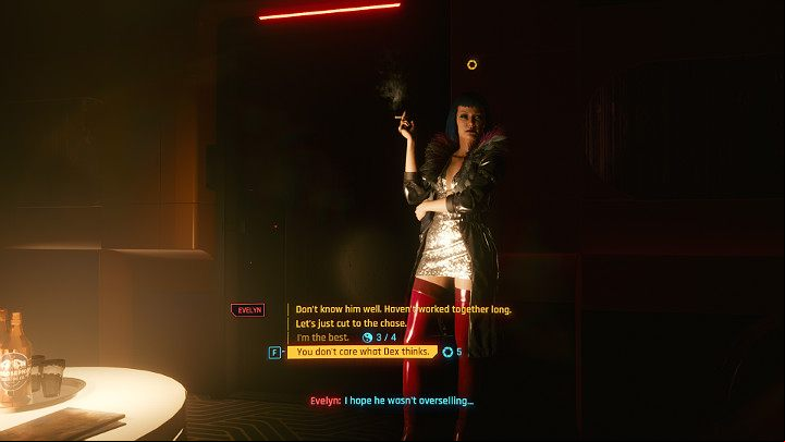 The conversation with Evelyn Parker may vary slightly depending on how you have developed your character and which dialogue options (related to different attributes or origins) you use - Cyberpunk 2077: The Information walkthrough - Act 1 - Cyberpunk 2077 Guide