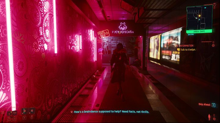 After the conversation, leave the VIP room and follow Evelyn to the place where you will be able to use braindance and watch the recording from inside Yorinobu's apartment, which will certainly make your task easier - Cyberpunk 2077: The Information walkthrough - Act 1 - Cyberpunk 2077 Guide