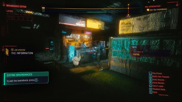 Once the puzzle is solved, you can stay in the sample braindance as much as you want and use all the options to learn more about the technology - Cyberpunk 2077: The Information walkthrough - Act 1 - Cyberpunk 2077 Guide