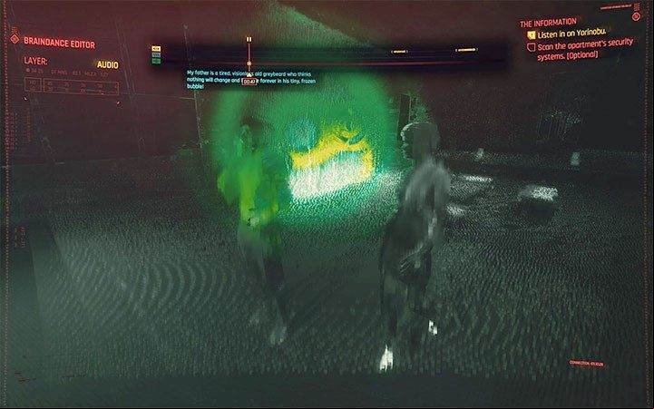Resume playback and stay with the camera close to Yorinobu to eavesdrop on his phone conversation - Cyberpunk 2077: The Information walkthrough - Act 1 - Cyberpunk 2077 Guide