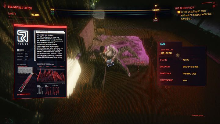 Your new main goal is to scan the datapad on the visual layer - Cyberpunk 2077: The Information walkthrough - Act 1 - Cyberpunk 2077 Guide