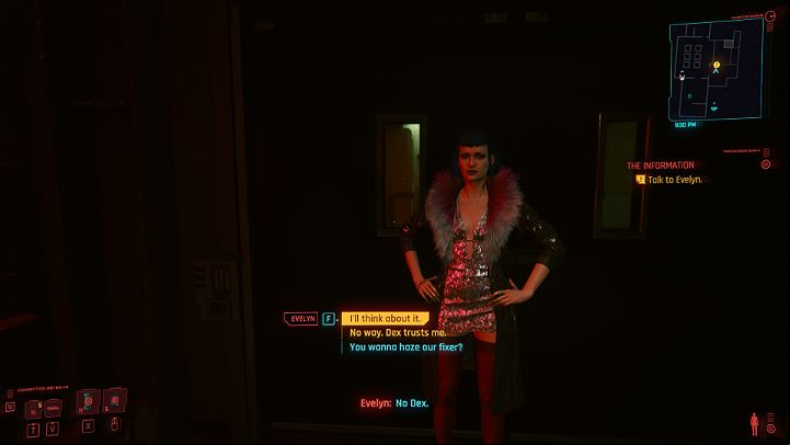 During the conversation, Evelyn suggests that V should do the job directly for her, without sharing the profit with anyone else - Cyberpunk 2077: The Information walkthrough - Act 1 - Cyberpunk 2077 Guide