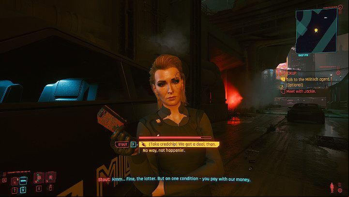 As soon as you try to say hello to Meredith, her bodyguard will rough you up - Cyberpunk 2077: The Pickup walkthrough - Act 1 - Cyberpunk 2077 Guide