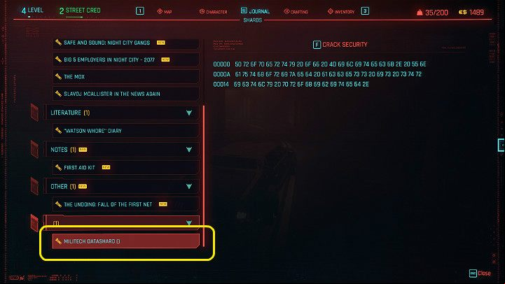 Open the main menu and then go to the splinter - Cyberpunk 2077: The Pickup walkthrough - Act 1 - Cyberpunk 2077 Guide