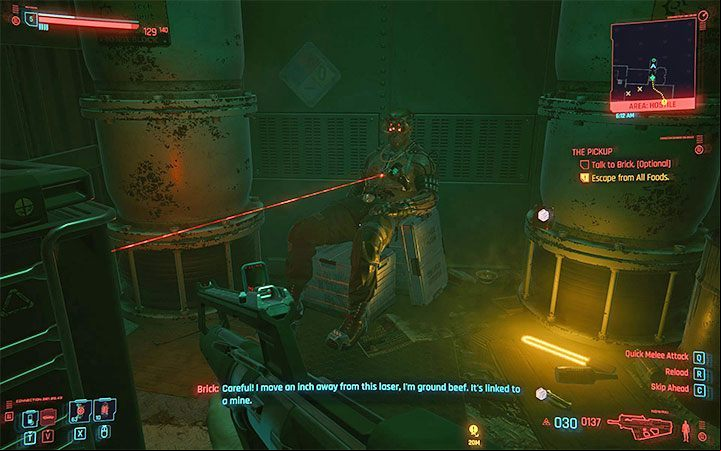 Brick was effectively immobilized by a laser trap that can detonate a mine as soon as it senses a false move - Cyberpunk 2077: The Pickup walkthrough - Act 1 - Cyberpunk 2077 Guide