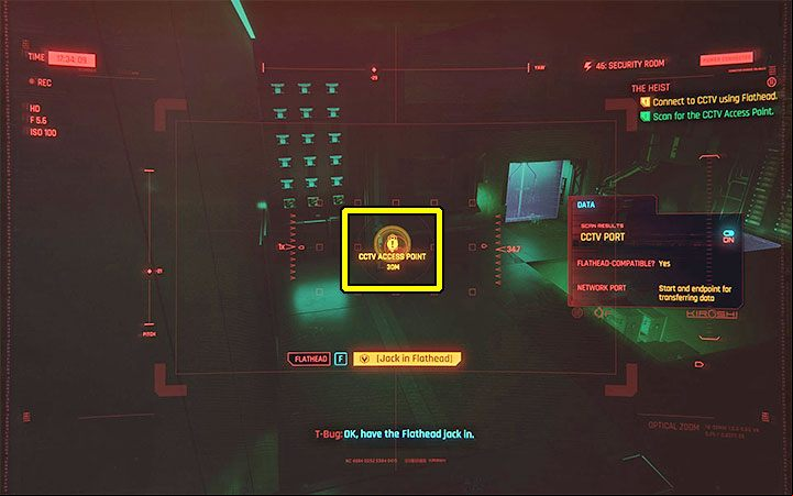 After hearing T-Bug's comment, locate the CCTV port and send the bot there to jack into it - Cyberpunk 2077: Where to lead Flathead? - Puzzle solutions - Cyberpunk 2077 Guide